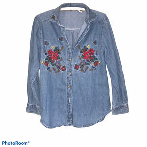Flower Embroidered Denim Style Button Up Shirt